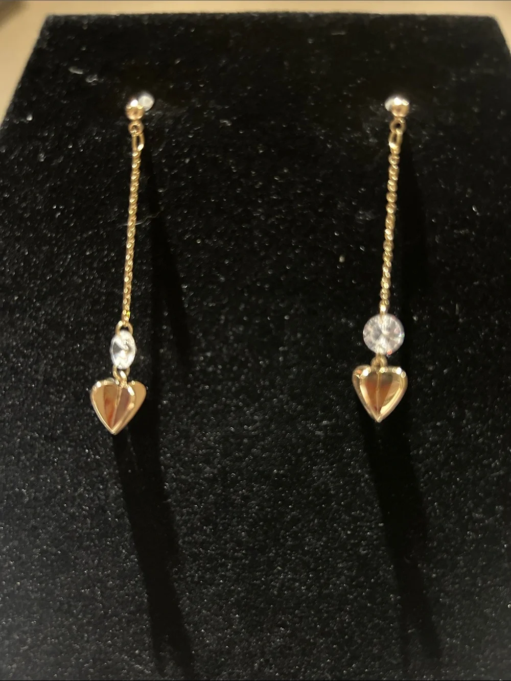 Delicate Gold color Heart Drop Earrings with Clear Stone Accents